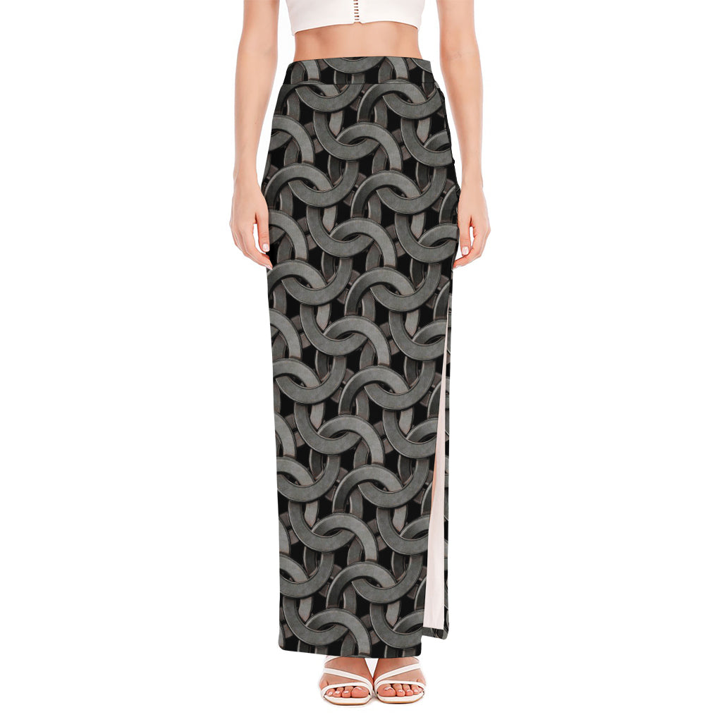 Metal Chainmail Pattern Print High Slit Maxi Skirt