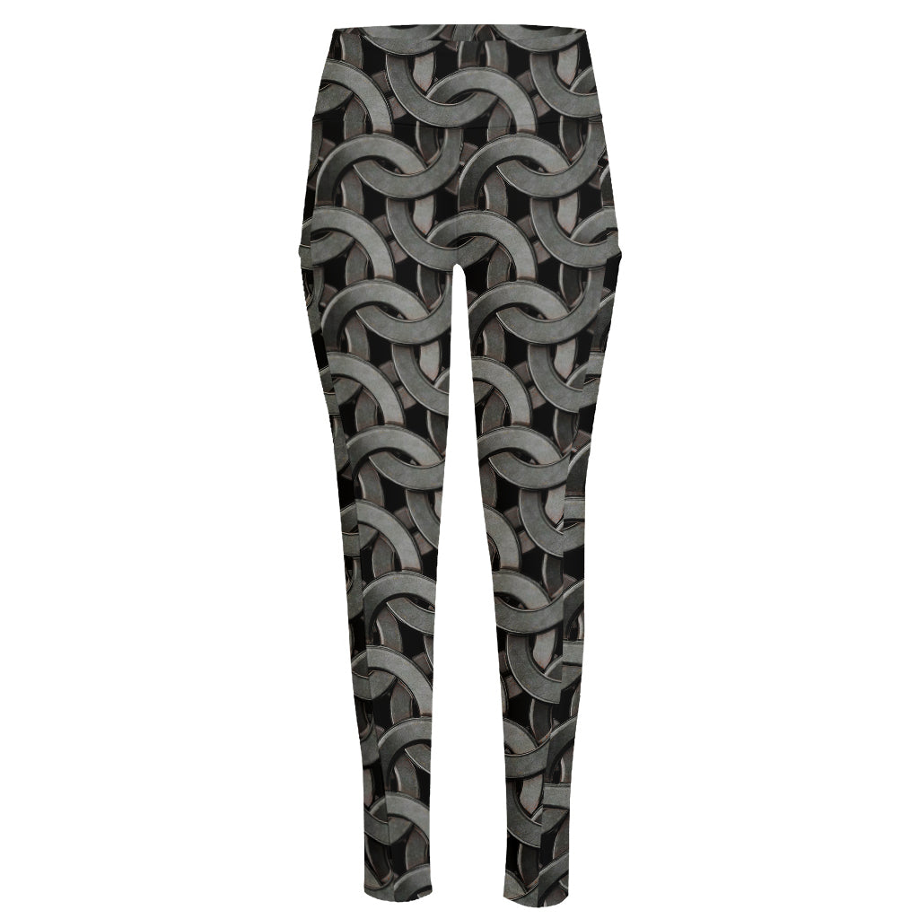 Metal Chainmail Pattern Print High-Waisted Pocket Leggings