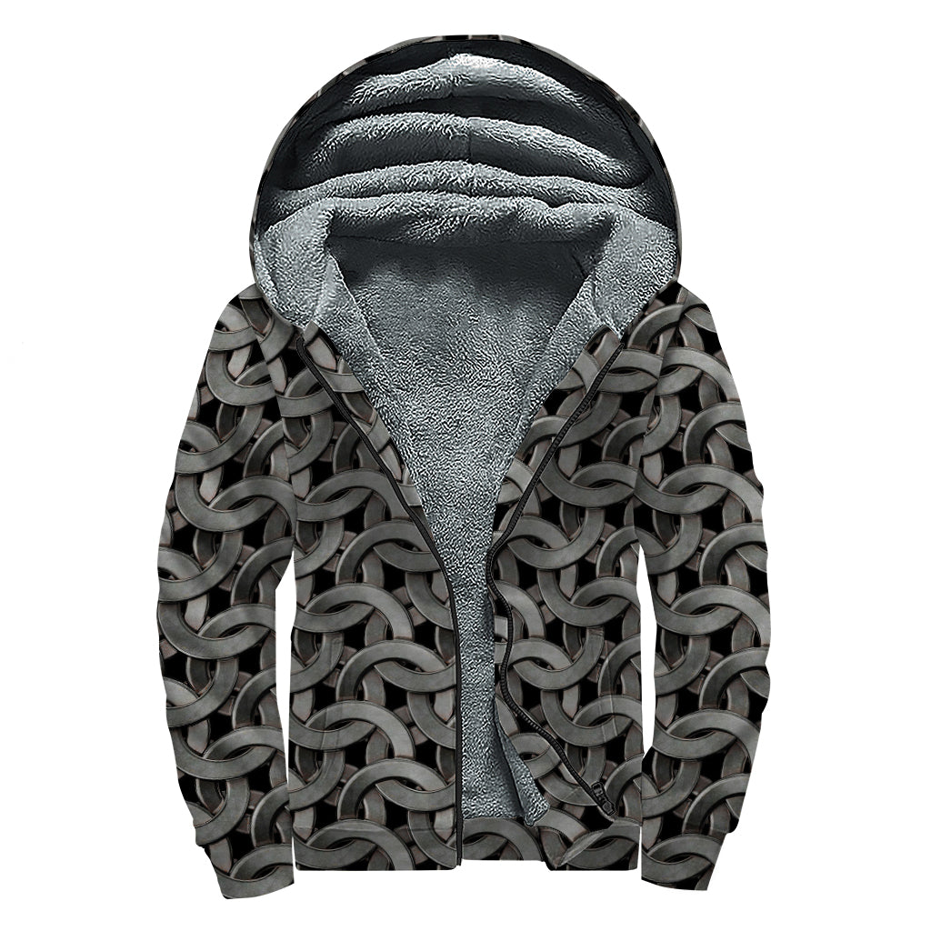 Metal Chainmail Pattern Print Sherpa Lined Zip Up Hoodie