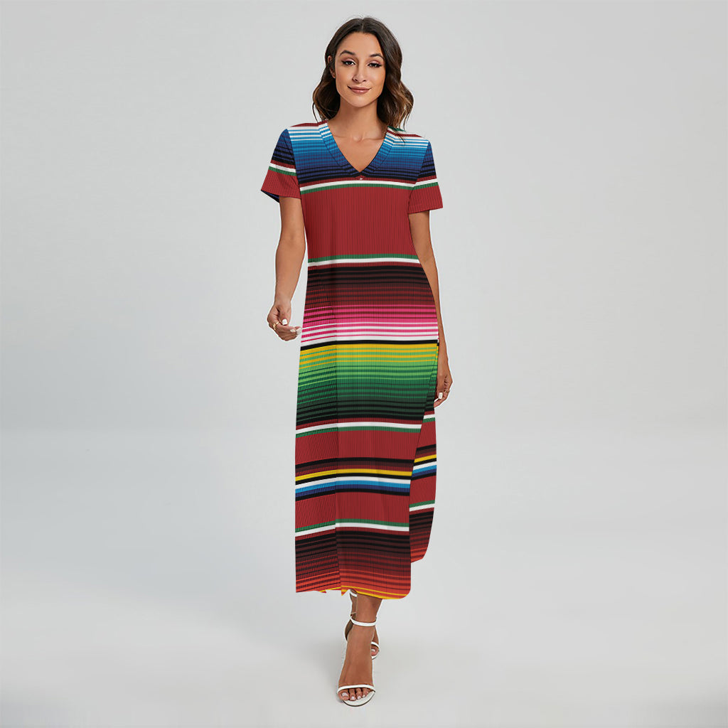 Mexican Serape Blanket Pattern Print Short Sleeve Maxi Dress Mexican Serape Blanket Pattern Print Short Sleeve Maxi Dress