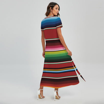 Mexican Serape Blanket Pattern Print Short Sleeve Maxi Dress
