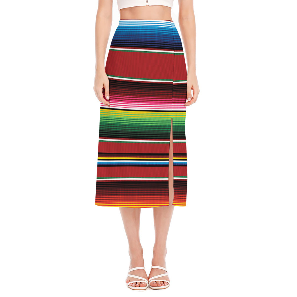 Mexican Serape Blanket Pattern Print Side Slit Midi Skirt