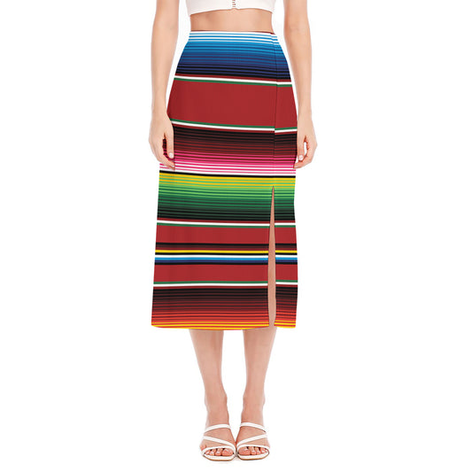Mexican Serape Blanket Pattern Print Side Slit Midi Skirt