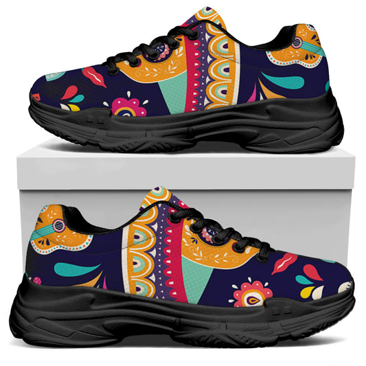 Mexican Skull Cinco de Mayo Print Black Chunky Shoes