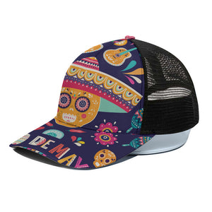 Mexican Skull Cinco de Mayo Print Black Mesh Trucker Cap