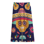 Mexican Skull Cinco de Mayo Print Cotton Front Slit Maxi Skirt