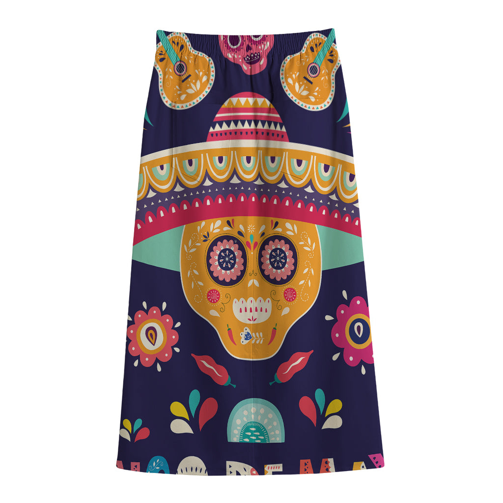 Mexican Skull Cinco de Mayo Print Cotton Front Slit Maxi Skirt