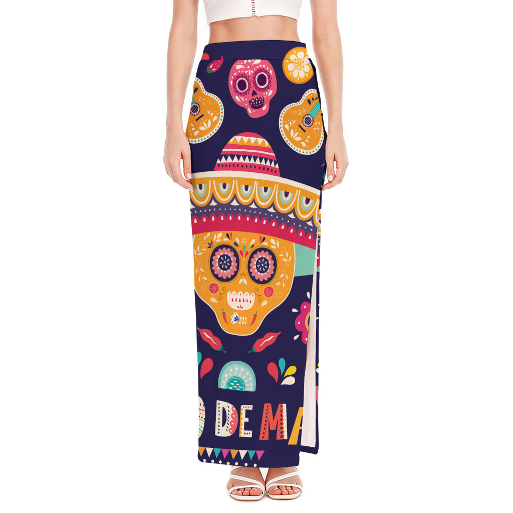 Mexican Skull Cinco de Mayo Print High Slit Maxi Skirt