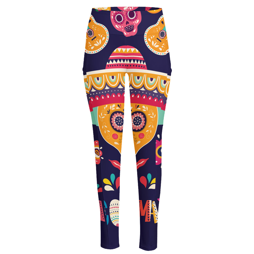 Mexican Skull Cinco de Mayo Print High-Waisted Pocket Leggings