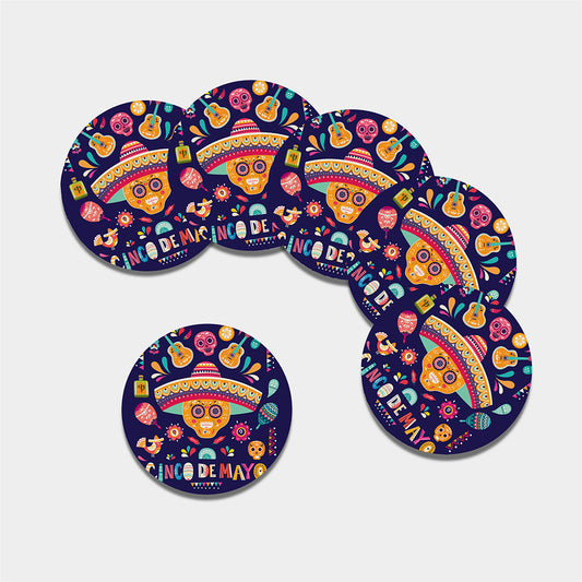 Mexican Skull Cinco de Mayo Print Leather Coaster Set