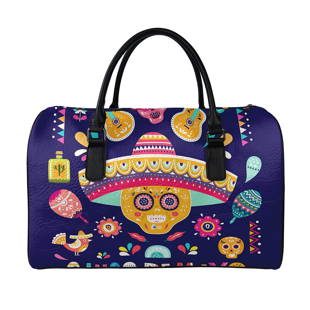 Mexican Skull Cinco de Mayo Print Leather Duffle Bag