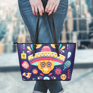 Mexican Skull Cinco de Mayo Print Leather Tote Bag