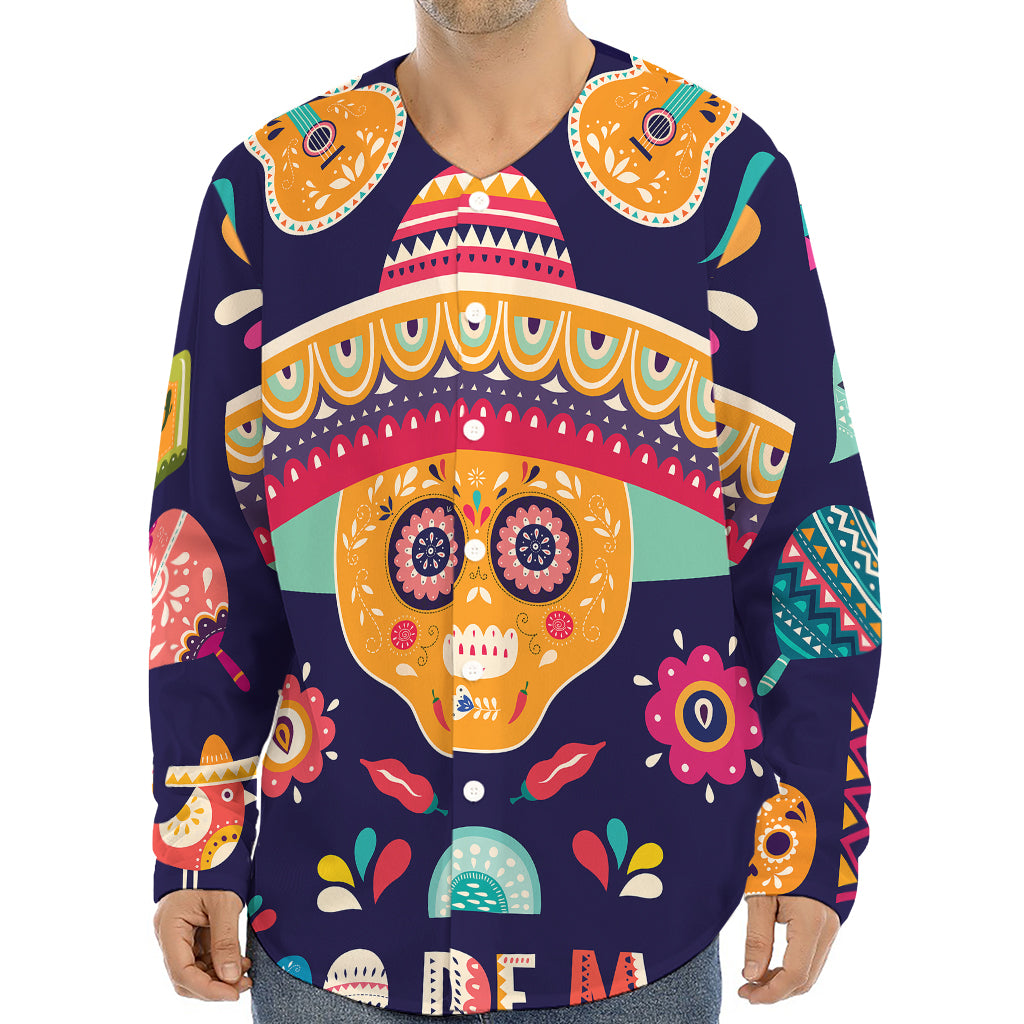 Mexican Skull Cinco de Mayo Print Long Sleeve Baseball Jersey