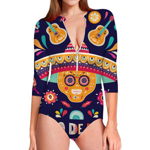 Mexican Skull Cinco de Mayo Print Long Sleeve Swimsuit