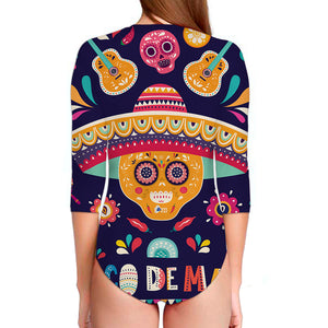 Mexican Skull Cinco de Mayo Print Long Sleeve Swimsuit