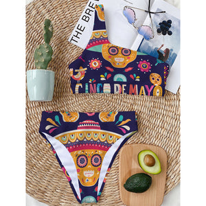 Mexican Skull Cinco de Mayo Print One Shoulder Bikini Top