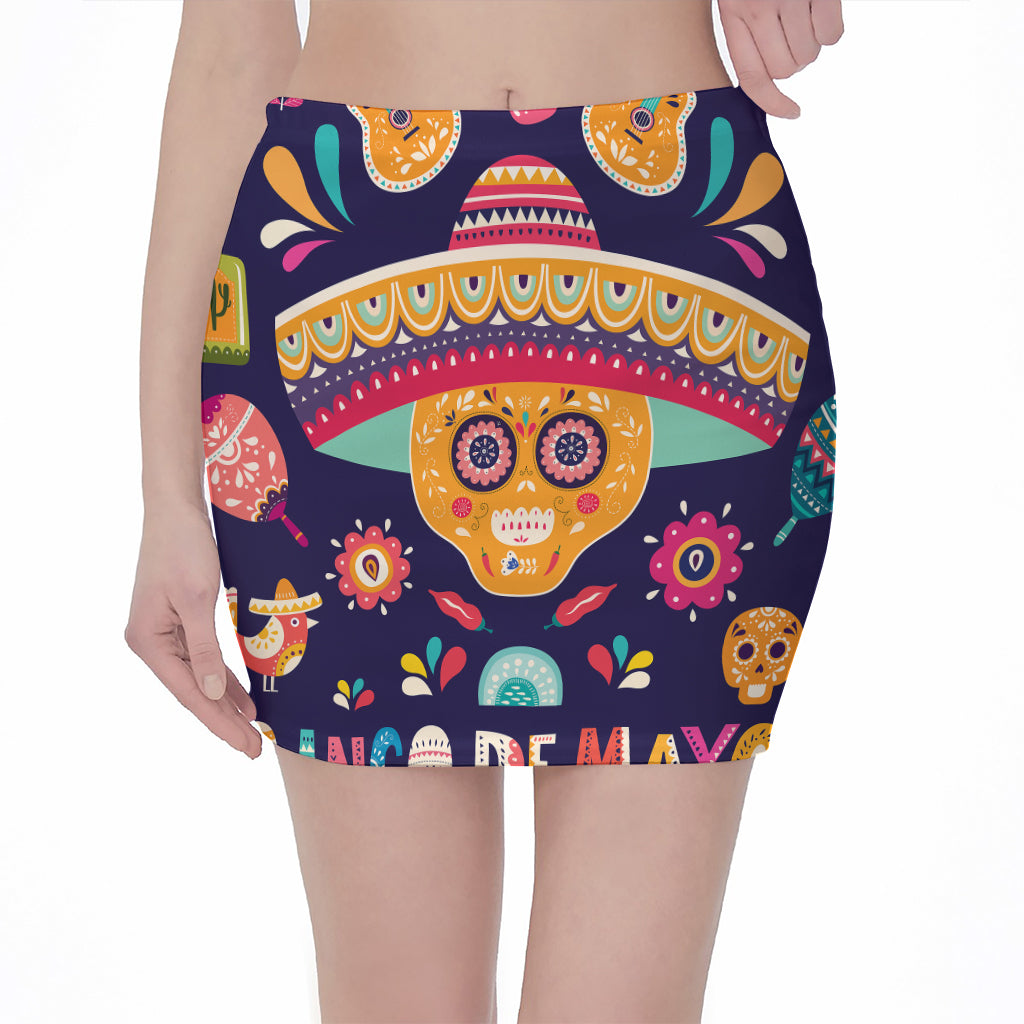 Mexican Skull Cinco de Mayo Print Pencil Mini Skirt