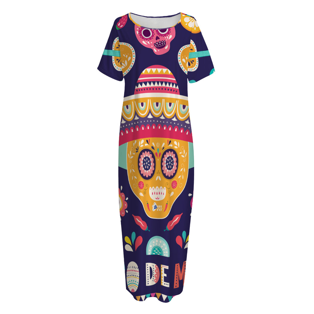 Mexican Skull Cinco de Mayo Print Short Sleeve Long Nightdress