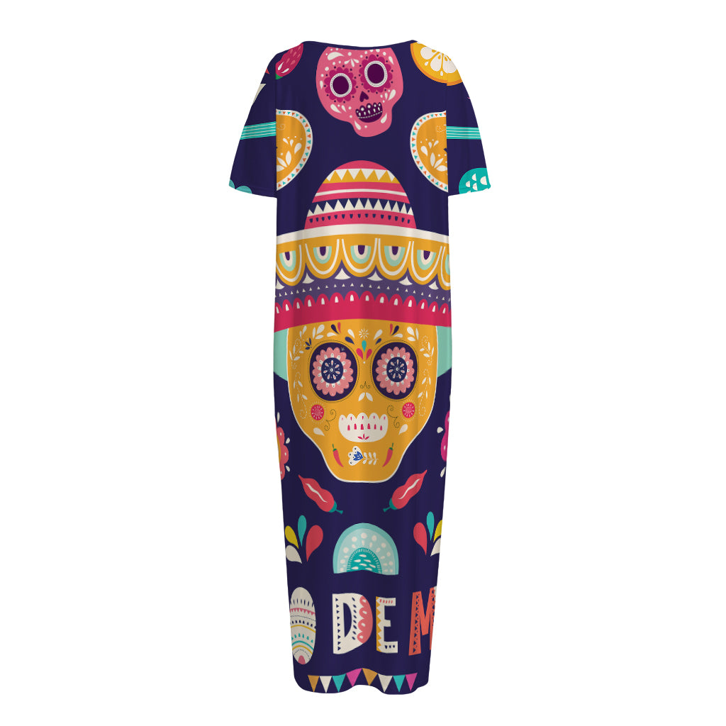 Mexican Skull Cinco de Mayo Print Short Sleeve Long Nightdress