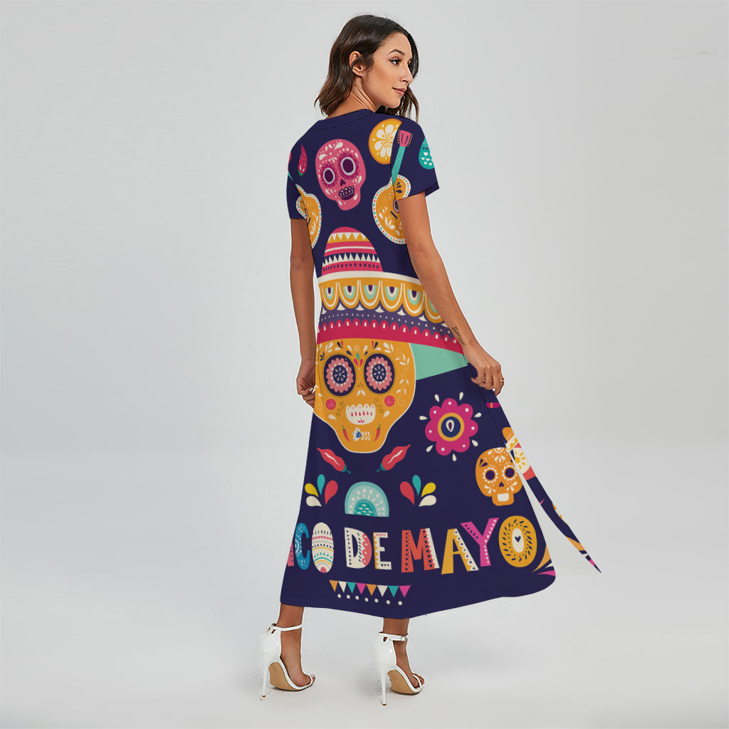 Mexican Skull Cinco de Mayo Print Short Sleeve Maxi Dress