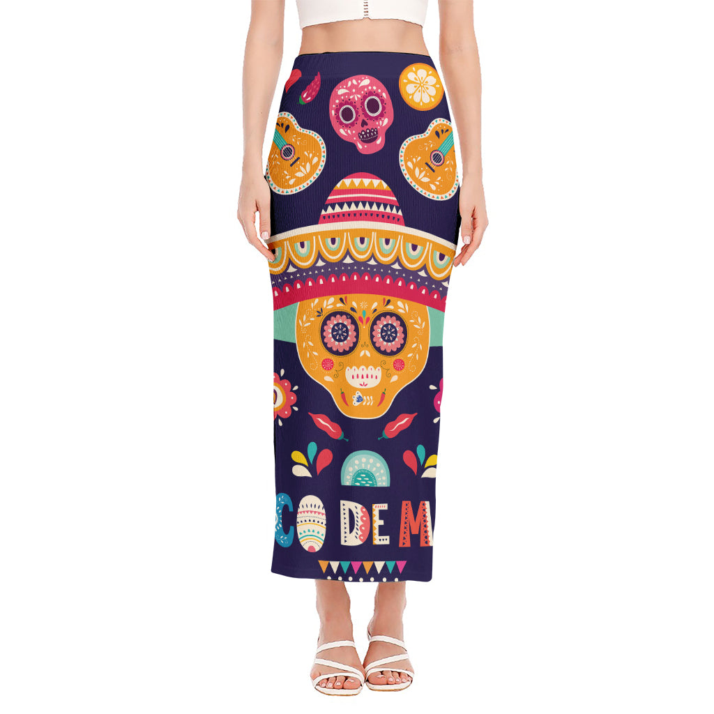 Mexican Skull Cinco de Mayo Print Side Slit Maxi Skirt