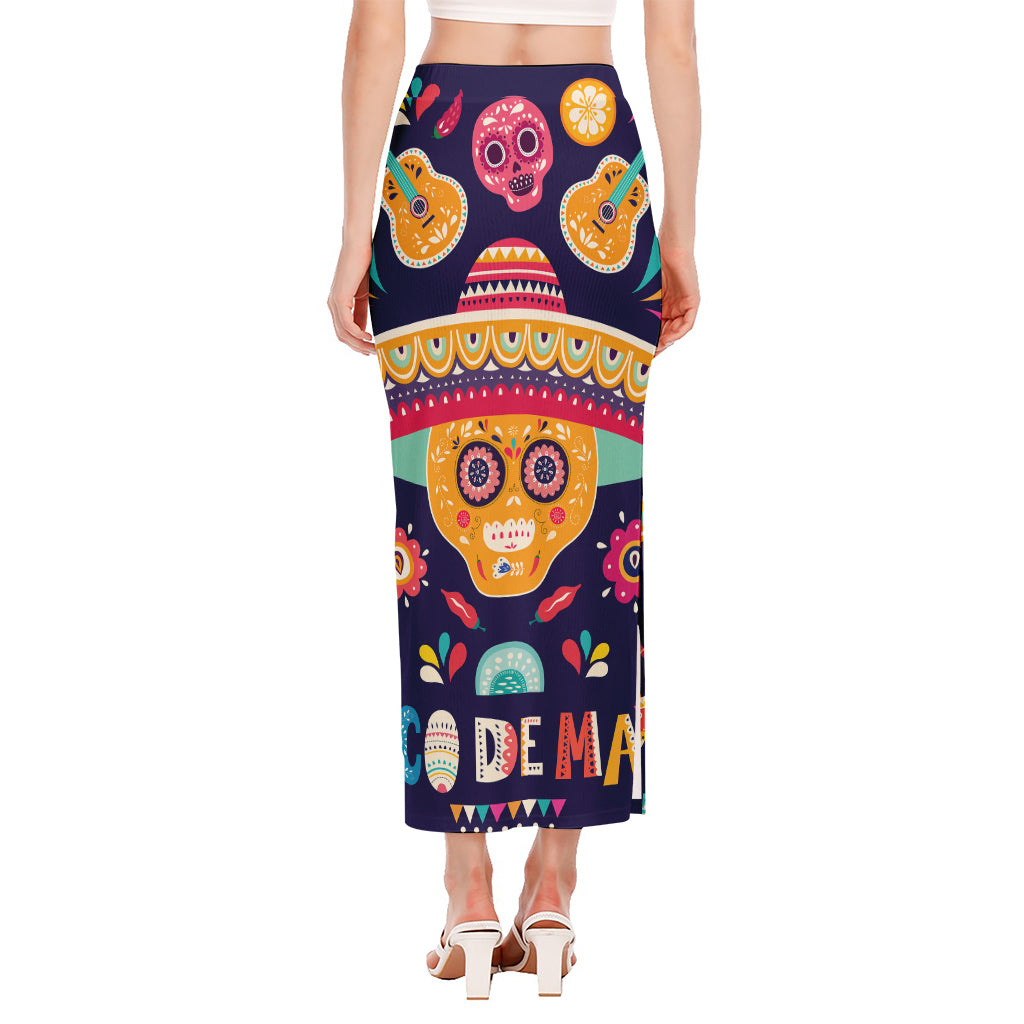 Mexican Skull Cinco de Mayo Print Side Slit Maxi Skirt