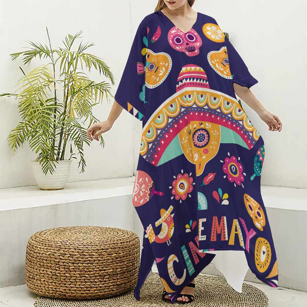 Mexican Skull Cinco de Mayo Print Silk V-Neck Kaftan Dress