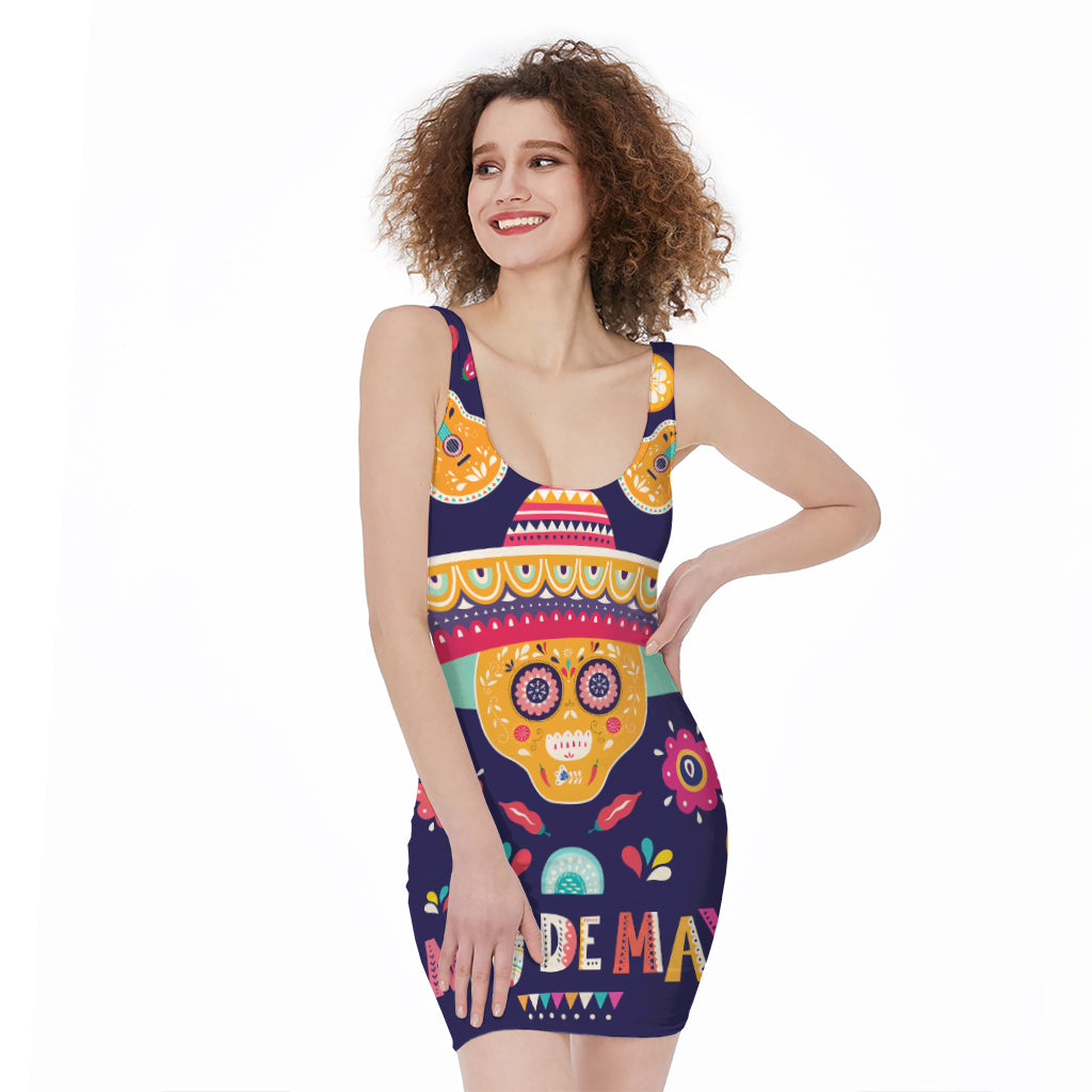 Mexican Skull Cinco de Mayo Print Sleeveless Bodycon Dress