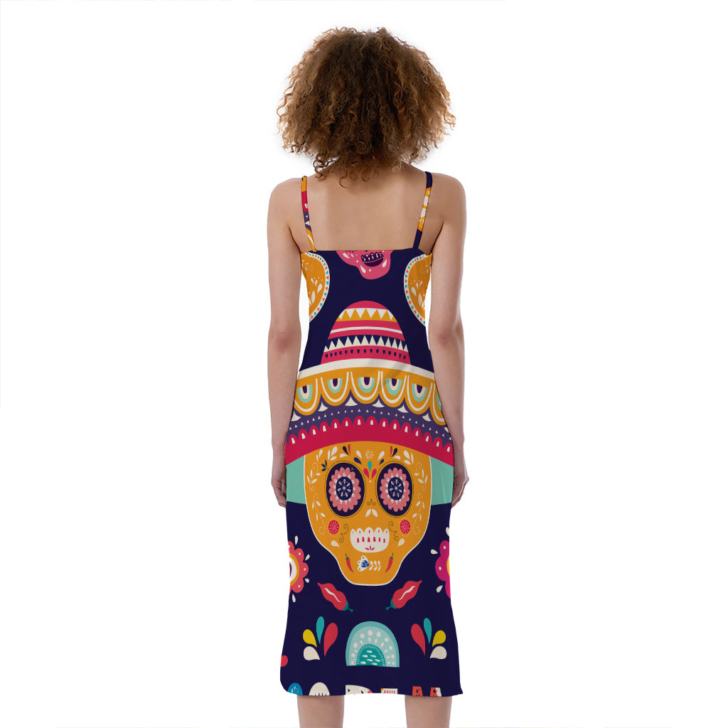 Mexican Skull Cinco de Mayo Print Slim Fit Midi Cami Dress