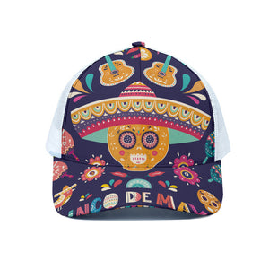 Mexican Skull Cinco de Mayo Print White Mesh Trucker Cap