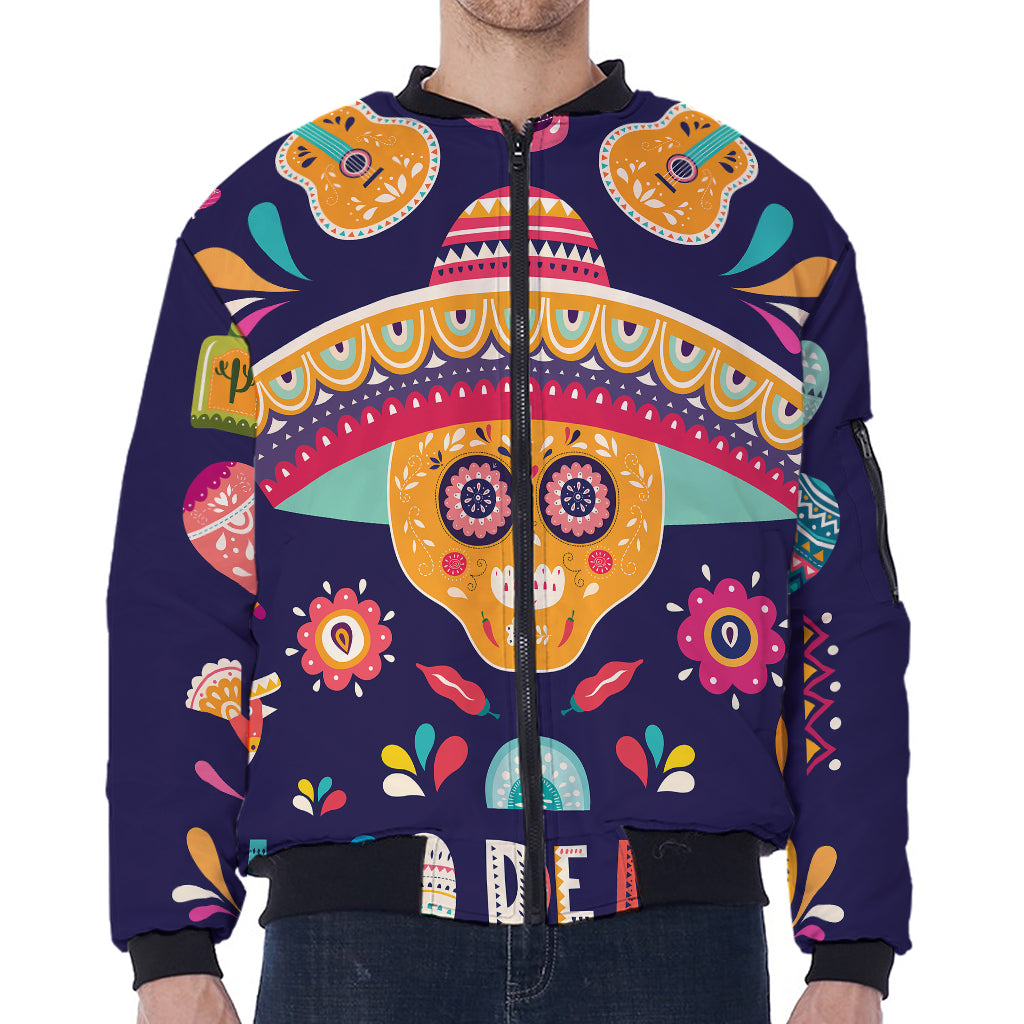 Mexican Skull Cinco de Mayo Print Zip Sleeve Bomber Jacket