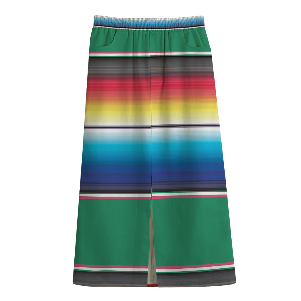 Mexican Striped Blanket Pattern Print Cotton Front Slit Maxi Skirt