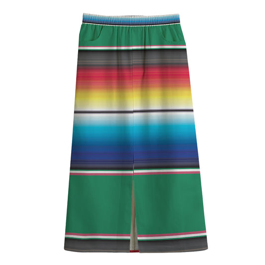 Mexican Striped Blanket Pattern Print Cotton Front Slit Maxi Skirt