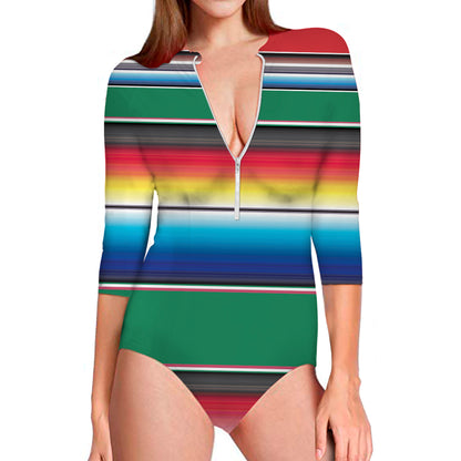 Mexican Striped Blanket Pattern Print Long Sleeve Swimsuit