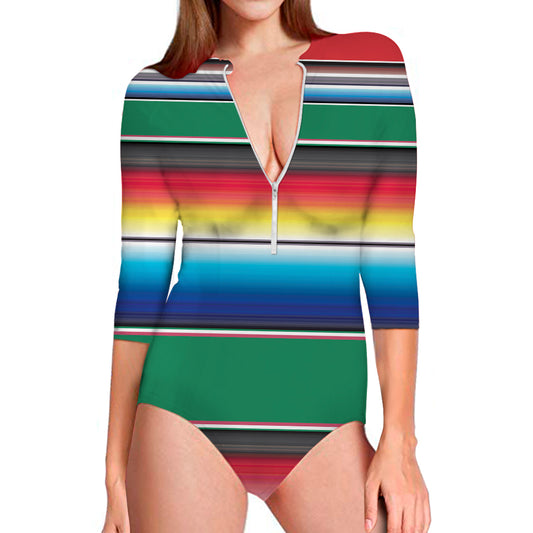 Mexican Striped Blanket Pattern Print Long Sleeve Swimsuit
