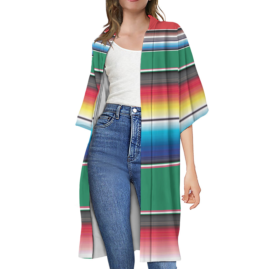 Mexican Striped Blanket Pattern Print Open Front Beach Cover Up