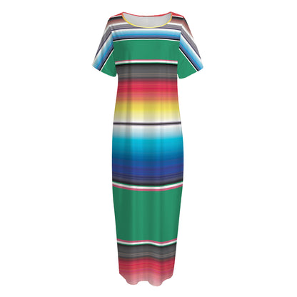 Mexican Striped Blanket Pattern Print Short Sleeve Long Nightdress