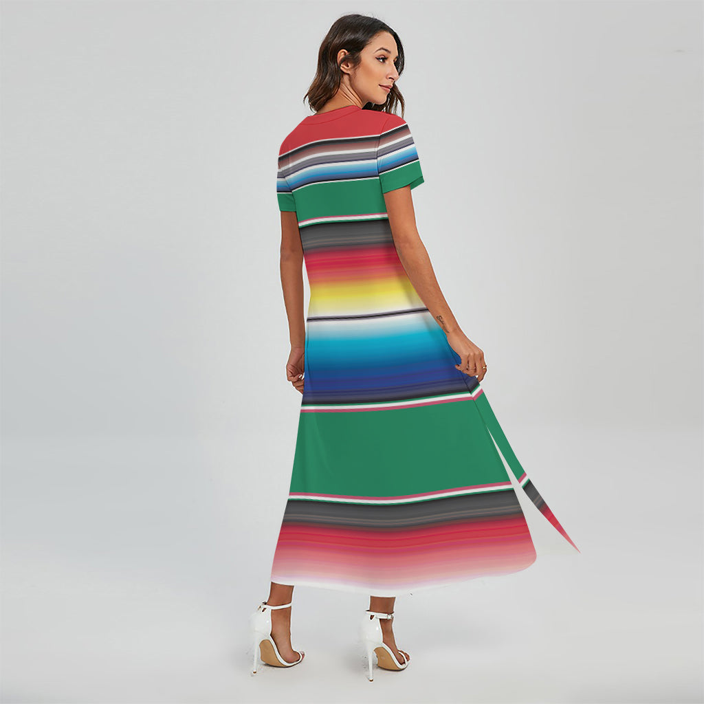 Mexican Striped Blanket Pattern Print Short Sleeve Maxi Dress