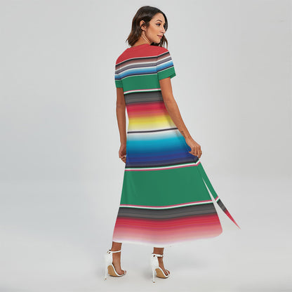Mexican Striped Blanket Pattern Print Short Sleeve Maxi Dress