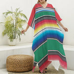 Mexican Striped Blanket Pattern Print Silk V-Neck Kaftan Dress