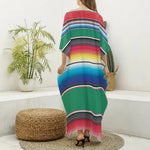 Mexican Striped Blanket Pattern Print Silk V-Neck Kaftan Dress