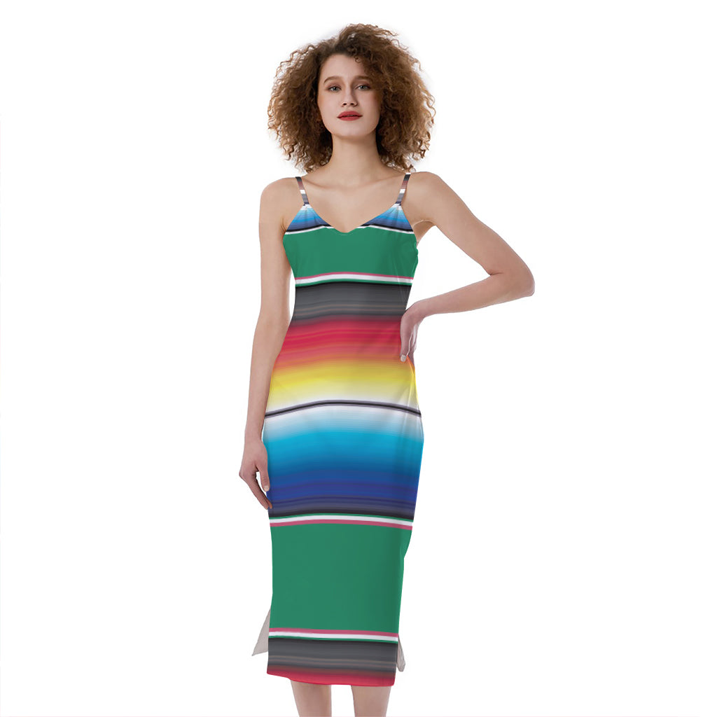 Mexican Striped Blanket Pattern Print Slim Fit Midi Cami Dress