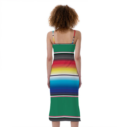Mexican Striped Blanket Pattern Print Slim Fit Midi Cami Dress