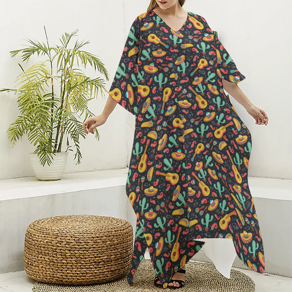 Mexico Cinco de Mayo Pattern Print Silk V-Neck Kaftan Dress