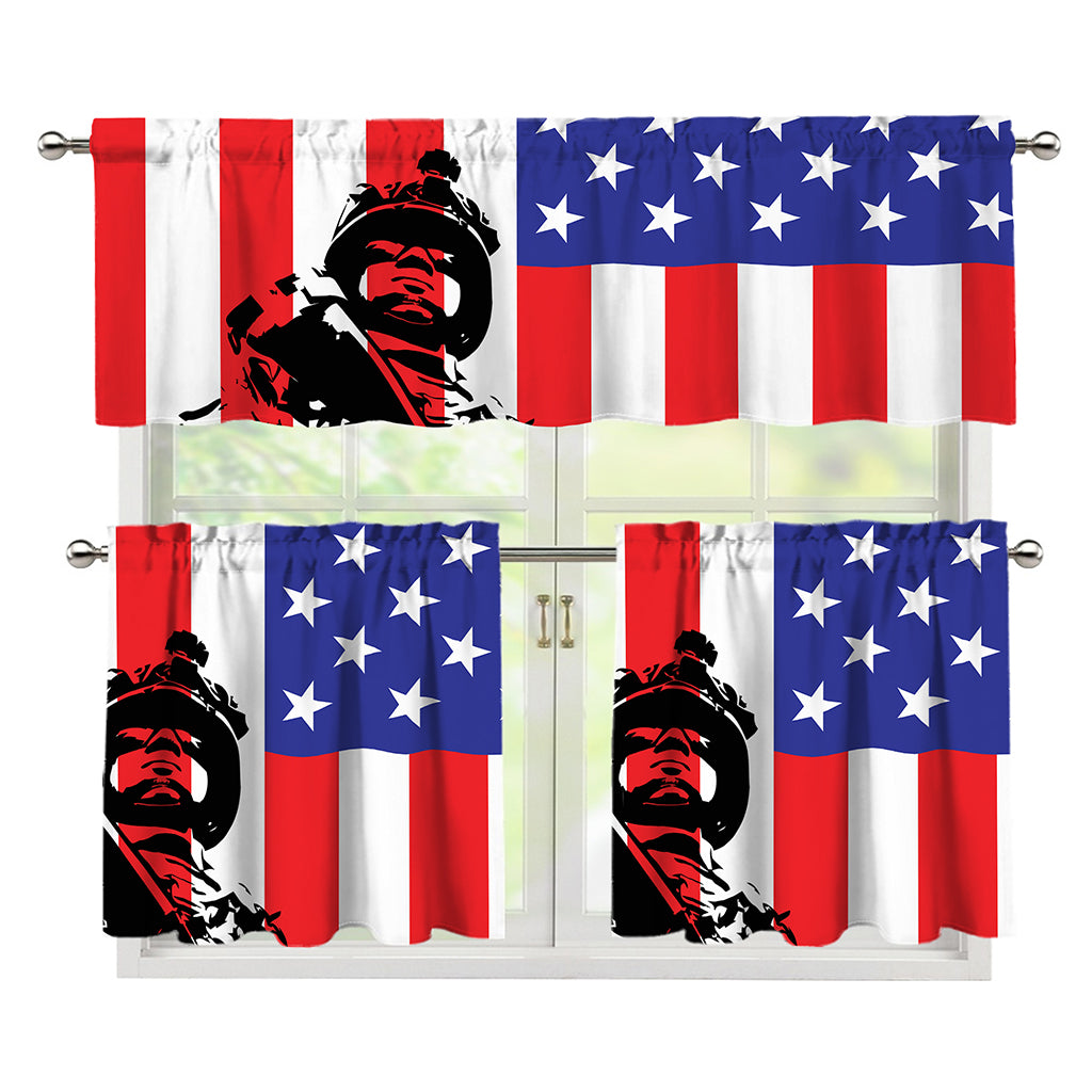 Military American Flag Print 3 Piece Kitchen Curtains