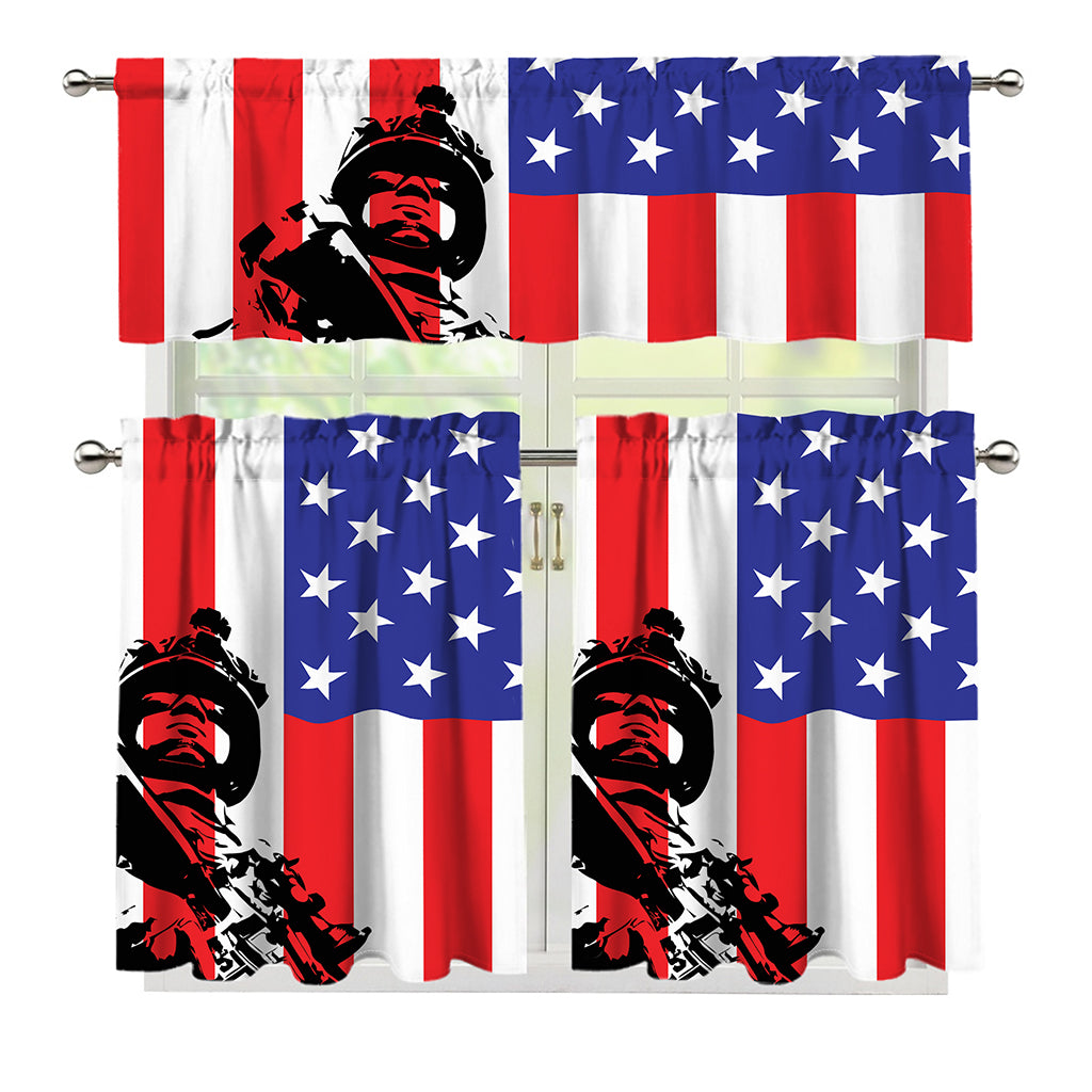 Military American Flag Print 3 Piece Kitchen Curtains