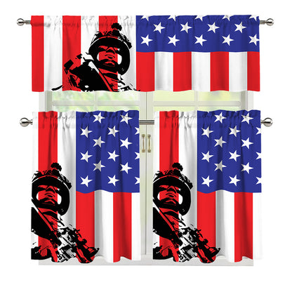 Military American Flag Print 3 Piece Kitchen Curtains