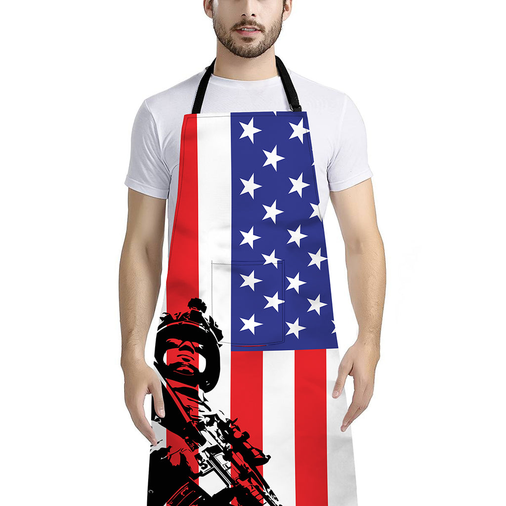 Military American Flag Print Bib Apron With Pocket