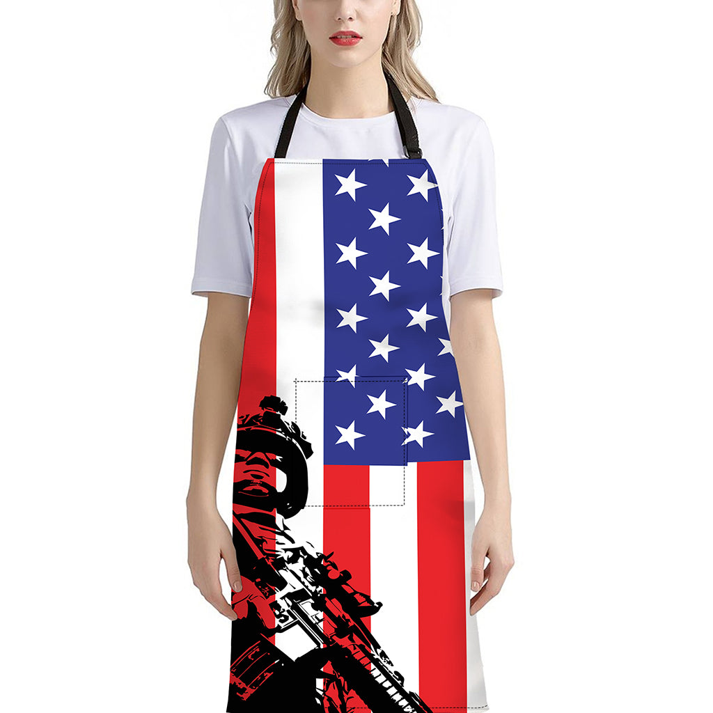 Military American Flag Print Bib Apron With Pocket