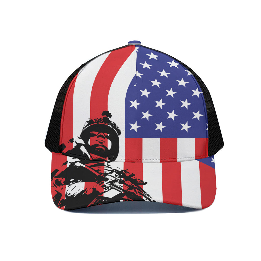 Military American Flag Print Black Mesh Trucker Cap